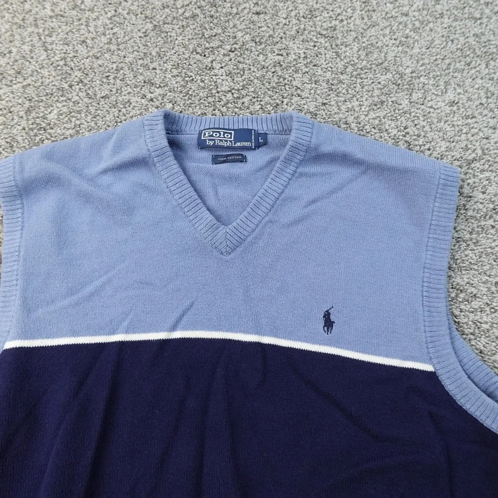 VTG Polo Ralph Lauren Sweater Vest Mens L Blue V Neck Knit Pullover Pony Grandpa